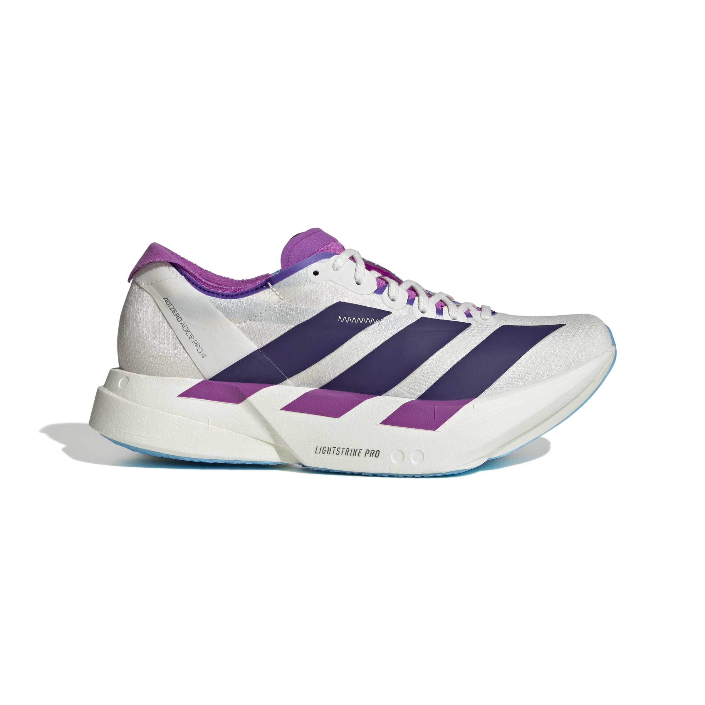 ADIZERO ADIOS PRO 4 RUNNING SHOES Core White / Collegiate Purple / Semi Blue Burst / 7 ADIZERO ADIOS PRO 4 RUNNING SHOES Core White / Collegiate Purple / Semi Blue Burst / 7