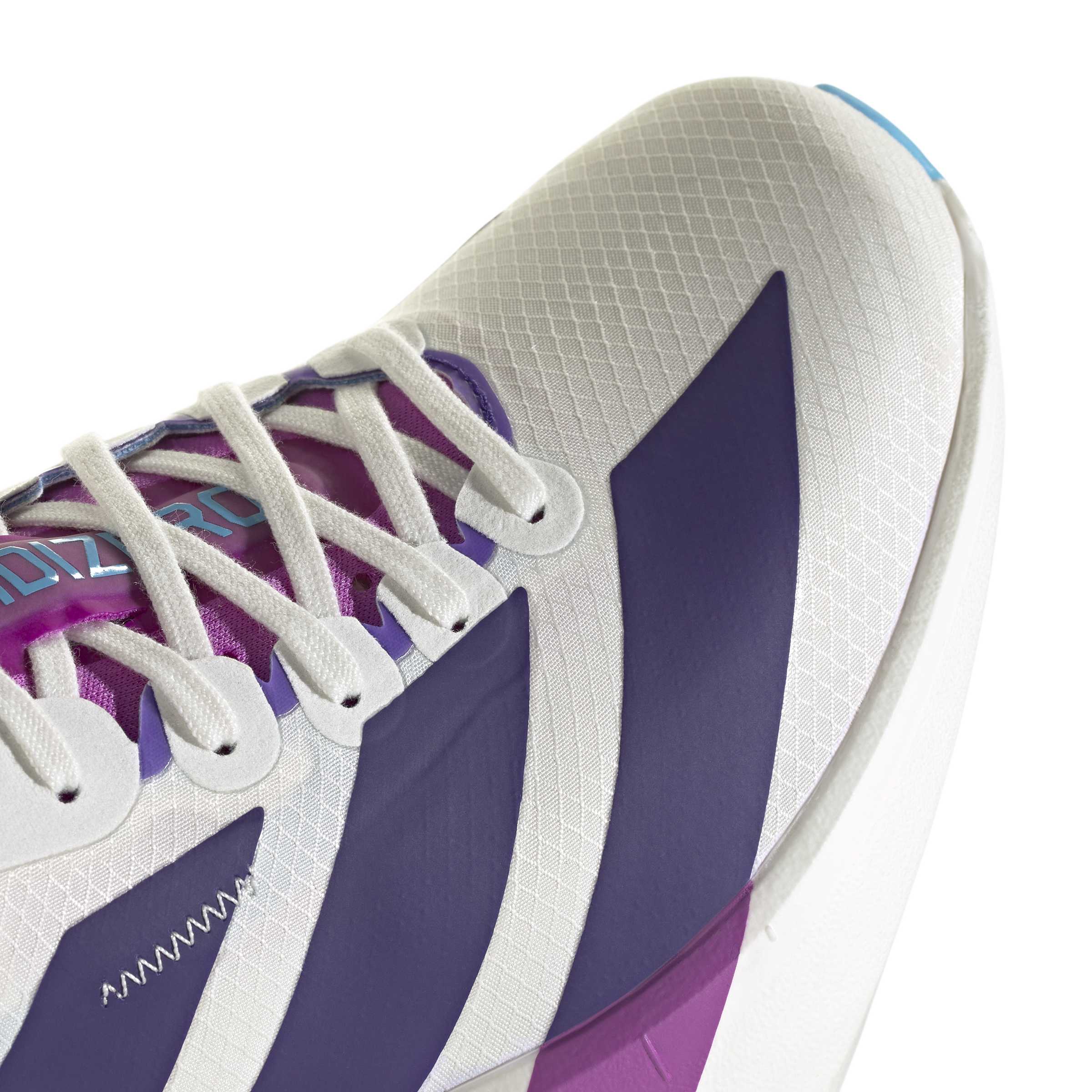 ADIZERO ADIOS PRO 4 RUNNING SHOES Core White / Collegiate Purple / Semi Blue Burst / 7 ADIZERO ADIOS PRO 4 RUNNING SHOES Core White / Collegiate Purple / Semi Blue Burst / 7