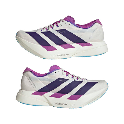 ADIZERO ADIOS PRO 4 RUNNING SHOES Core White / Collegiate Purple / Semi Blue Burst / 7 ADIZERO ADIOS PRO 4 RUNNING SHOES Core White / Collegiate Purple / Semi Blue Burst / 7