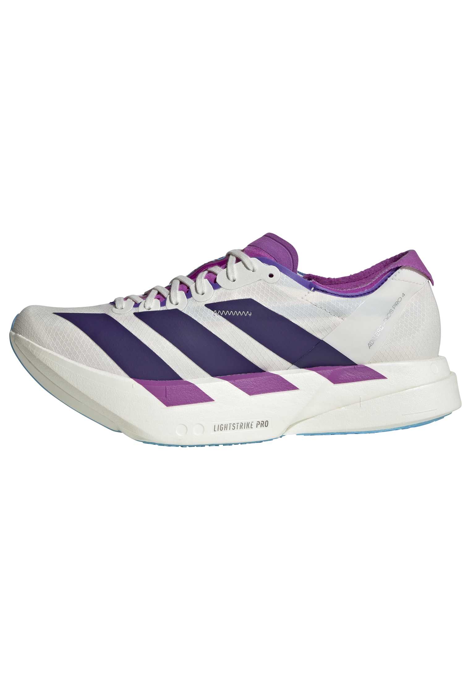 ADIZERO ADIOS PRO 4 RUNNING SHOES Core White / Collegiate Purple / Semi Blue Burst / 7 ADIZERO ADIOS PRO 4 RUNNING SHOES Core White / Collegiate Purple / Semi Blue Burst / 7