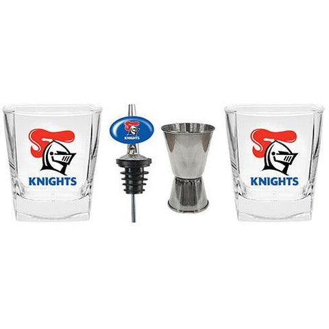 Newcastle Knights Glasses, Pourer & Jigger  Newcastle Knights Glasses, Pourer & Jigger