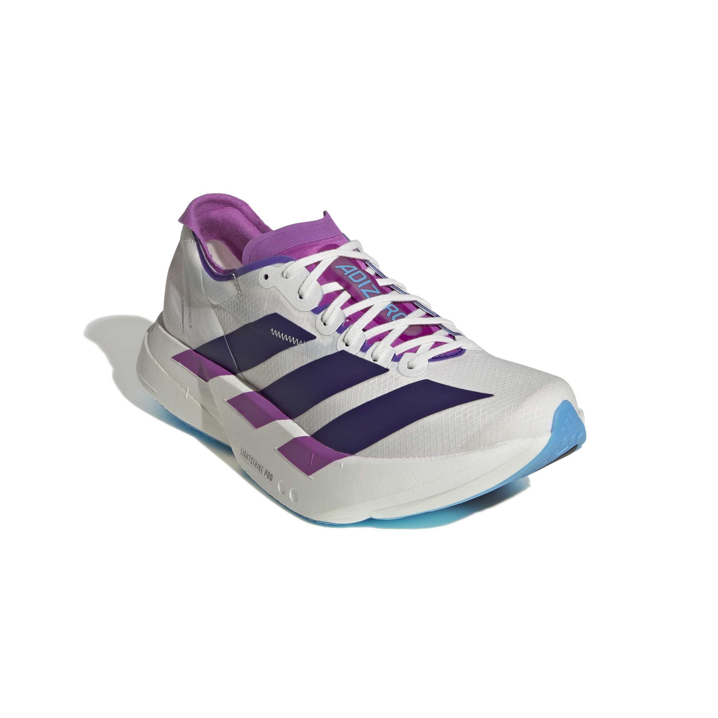 ADIZERO ADIOS PRO 4 RUNNING SHOES Core White / Collegiate Purple / Semi Blue Burst / 7